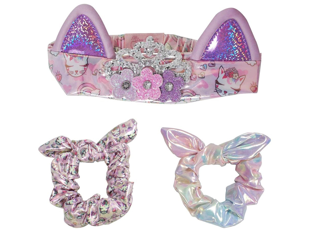 OMG Accessories Purple Flower Crown Cat Ear Soft Headband & Scrunchie Set
