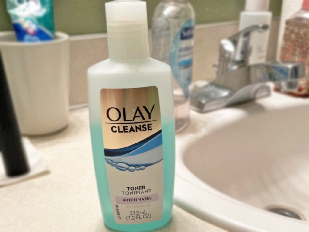 bottle of olay toner on bathroom counter