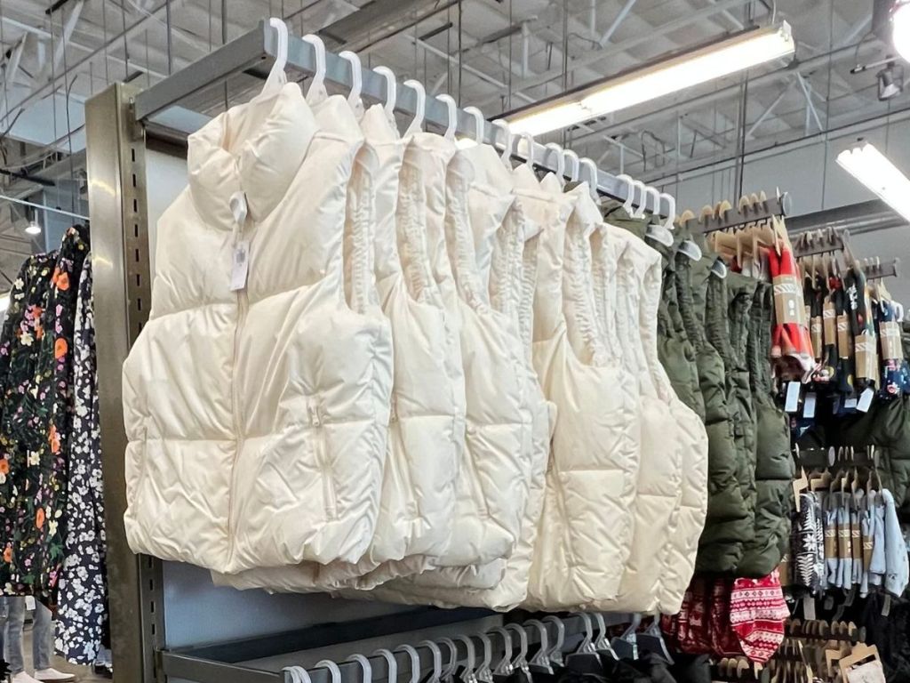 A rack of puffer vest at Old Navy