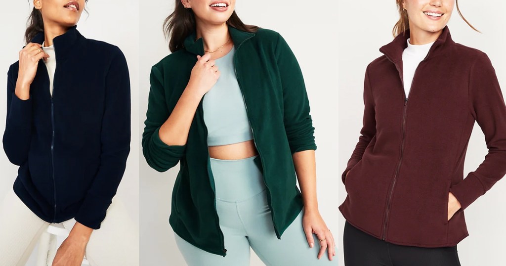 three women in zip fleece jackets