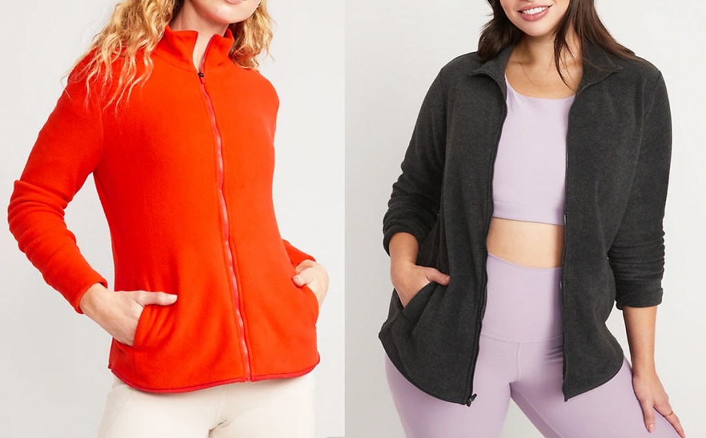 two women in zip fleece jackets