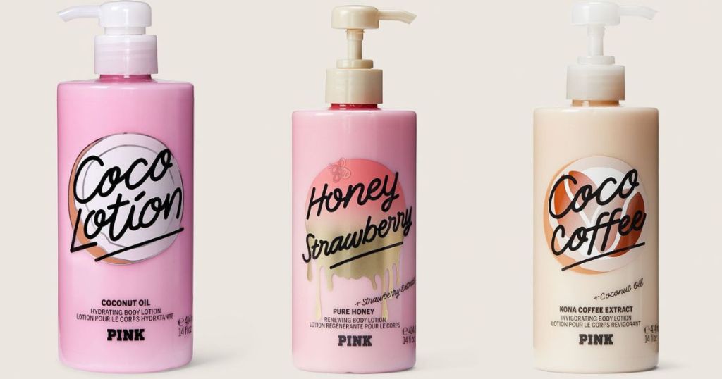 Three body lotions, two in pink bottles and one in a cream