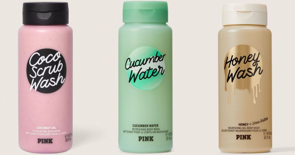 A pink bottle, green bottle, and a tan bottle of body wash