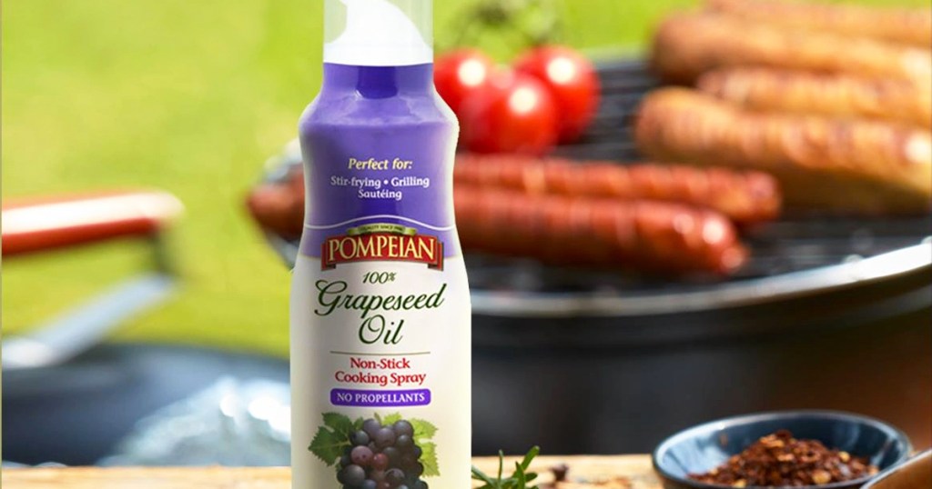 can of Pompeian 100% Grapeseed Oil Cooking Spray near BBQ