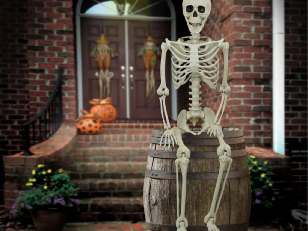 Poseable 7 Foot Skeleton sitting outside on wooden barrel