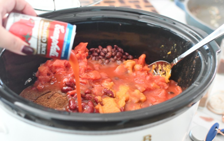 Pumpkin Chili in CrockPot with tomato juice