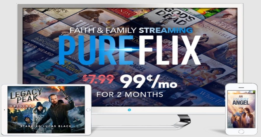 Pure Flix Streaming Service on a tv, phone and ipad