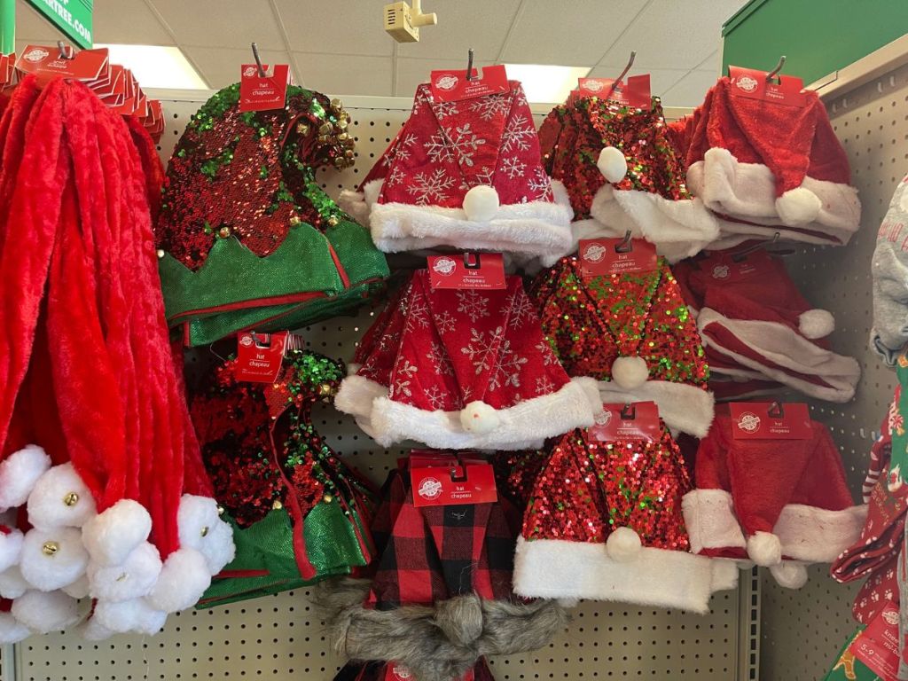 Santa hats on a rack in Dollar Tree