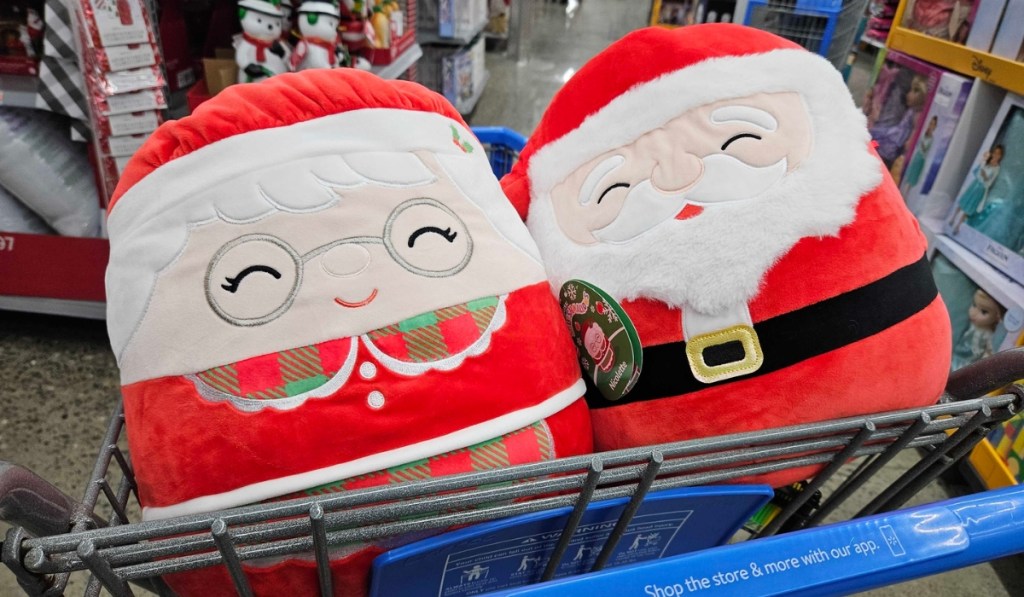 mrs. claus and santa squishmallows in walmart cart