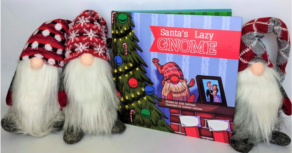 festive plush gnomes next to Santas Lazy Gnome book