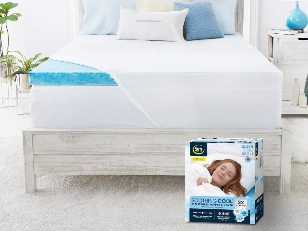 Serta Memory Foam Mattress Topper on a bed with white sheets