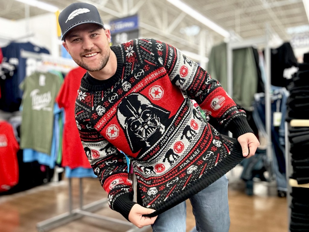 man wearing star wars ugly christmas sweater