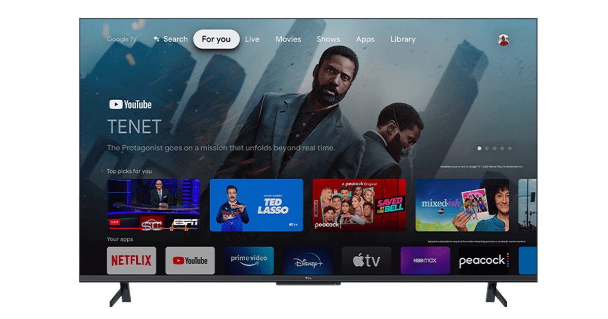 stock image of a tcl google tv showing movies and tv shows on the screen