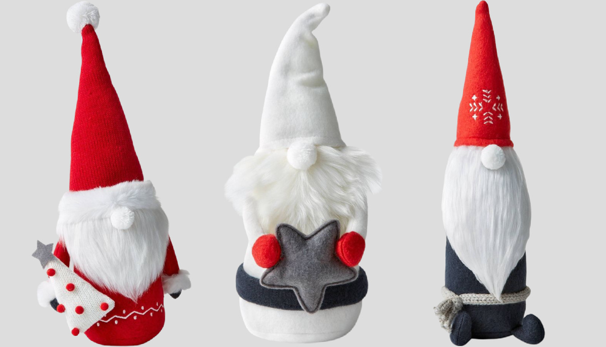 three Target holiday gnomes lined up