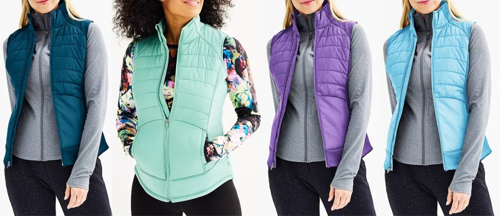 four women in teal, light green, purple, and light blue vests