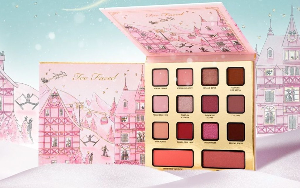 opened too faced eyeshadow palette with pink and brown shades