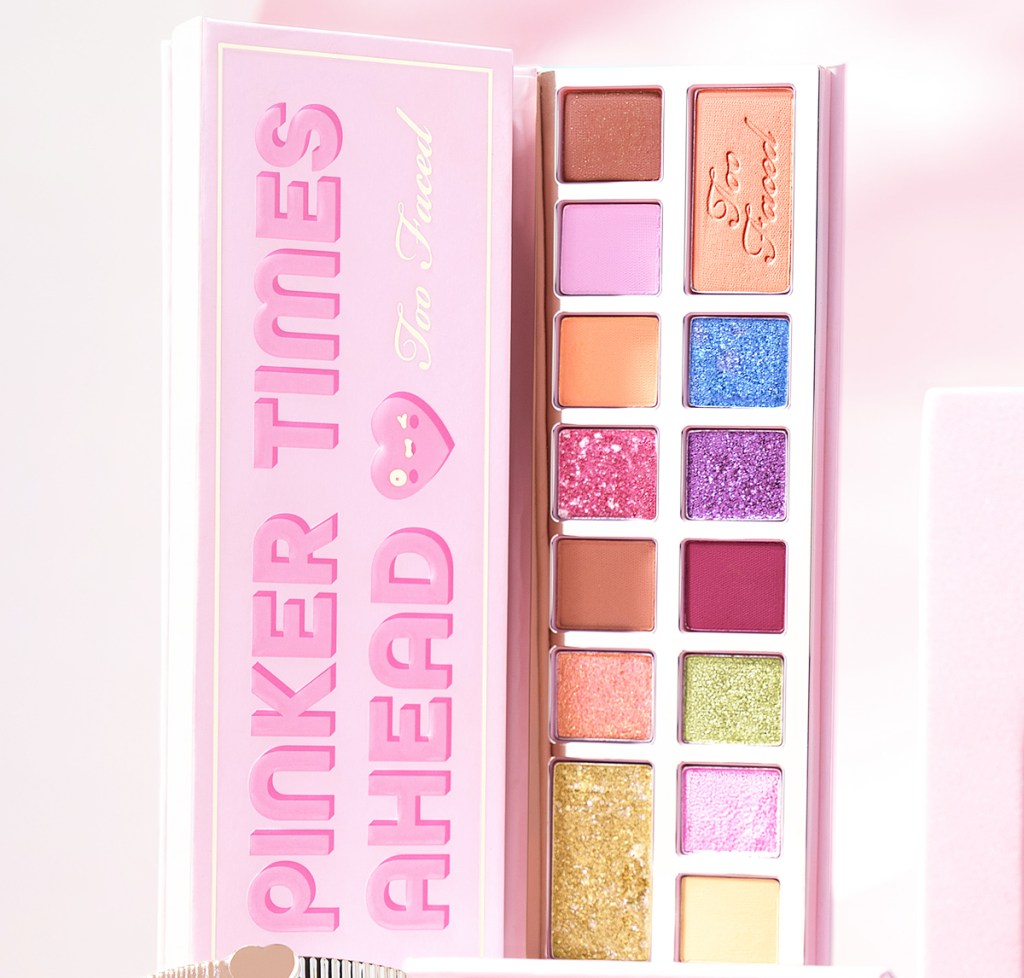 pink eyeshadow palette with sparkly shades inside