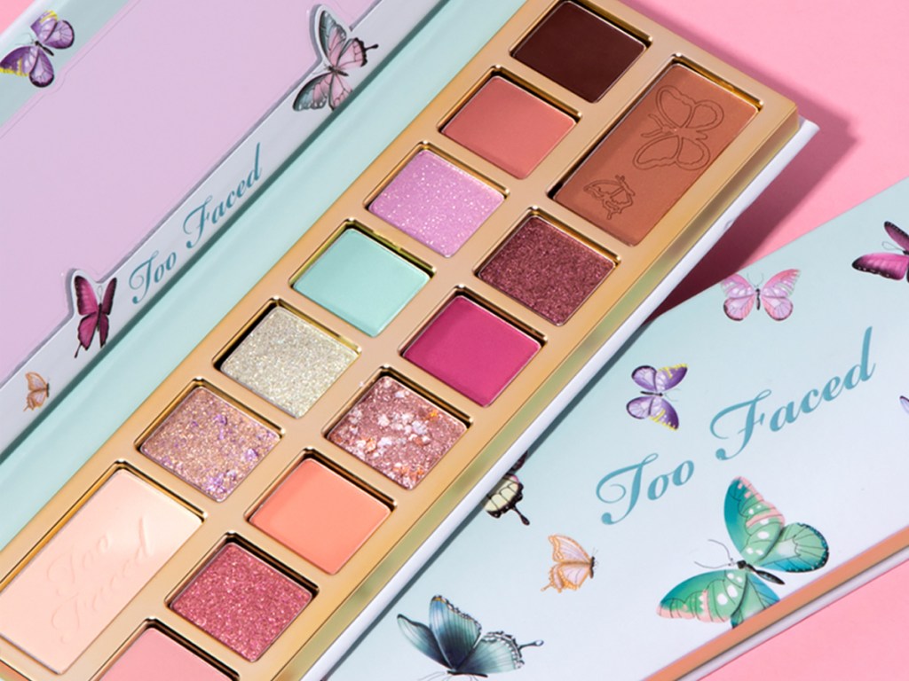 opened too faced eyeshadow palette with shimmer and glitter shades