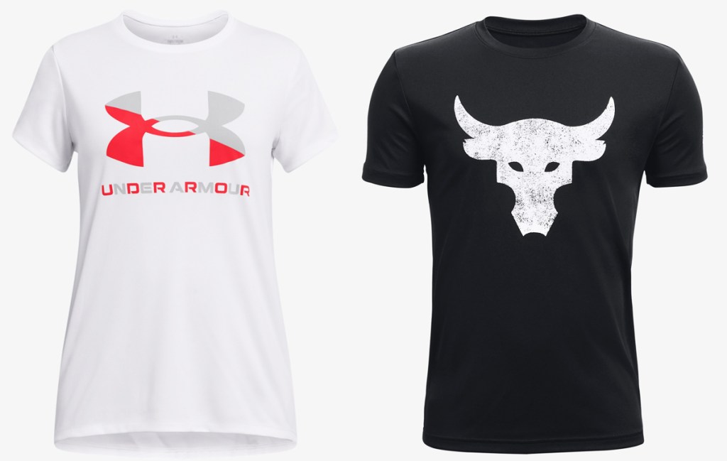 white and black under armour graphic tees