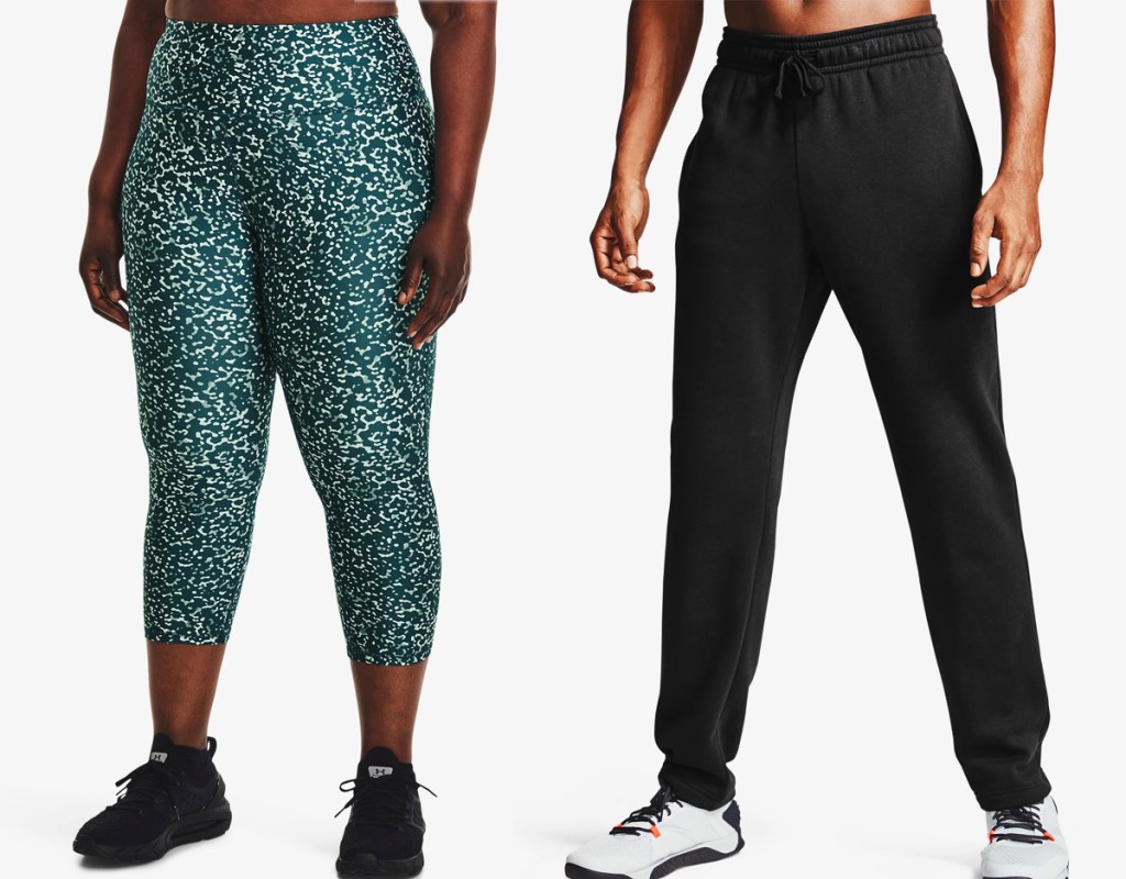 woman in green leggings and man in black sweatpants