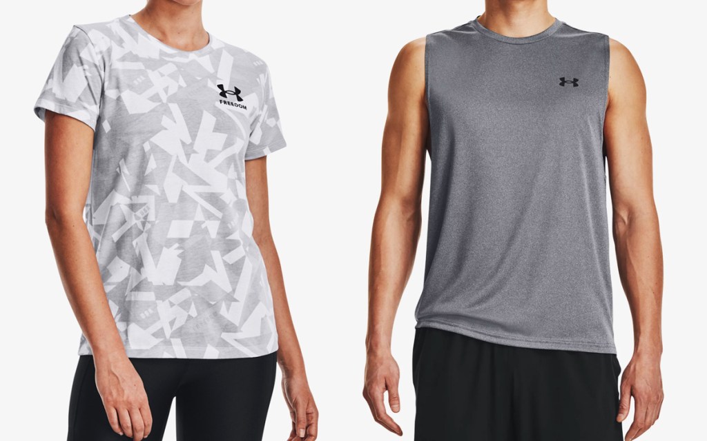 woman and man in under armour t-shirts