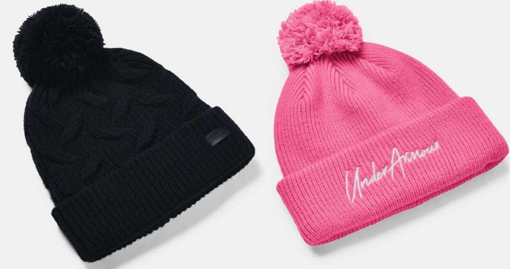 two under armour pom beanies