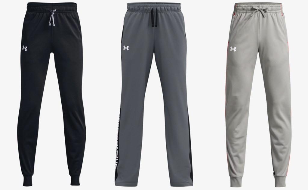 black dark grey, and light grey pairs of sweatpants