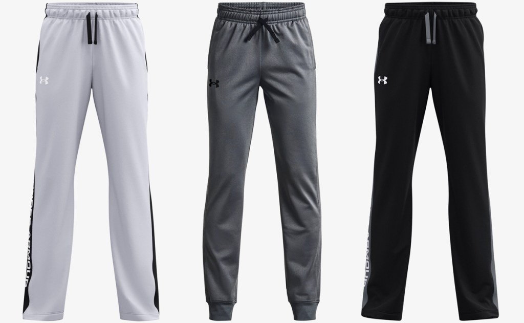 light grey, dark grey, and black pairs of sweatpants