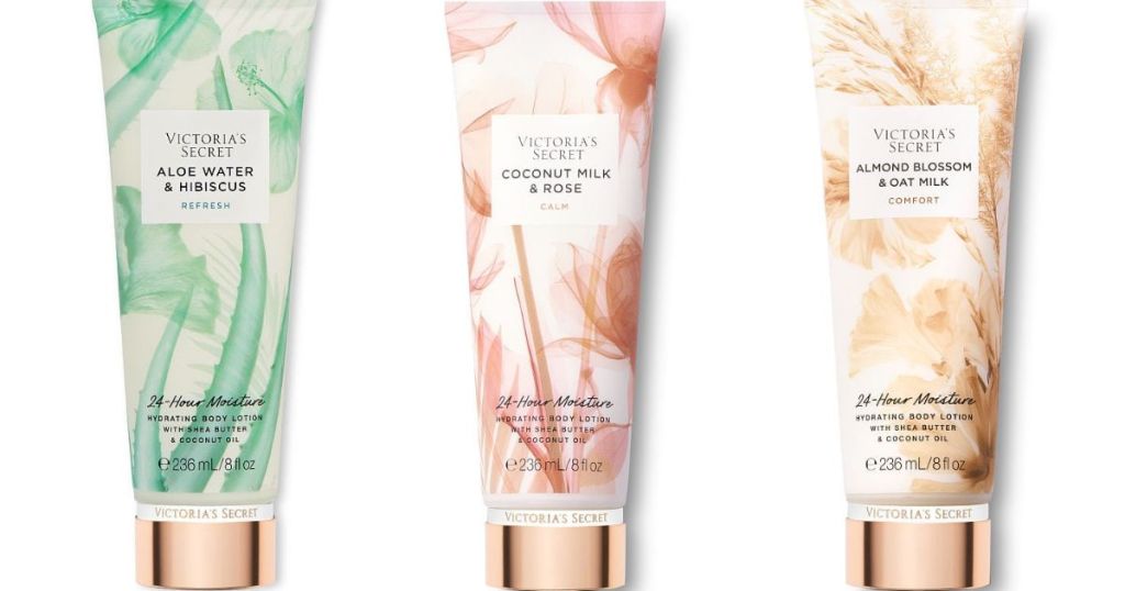 Three bottles of Victoria's Secret lotion in green, pink, and yellow