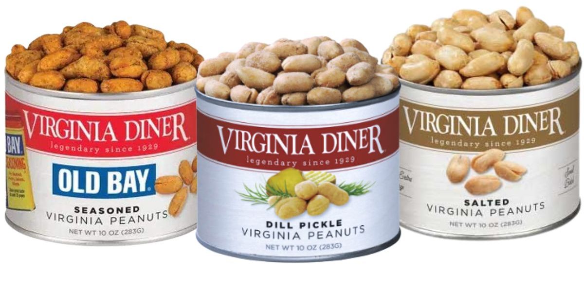 virginia diner peanuts in Old Bay, Dill Pickle, and Classic Salted 10 ounce tins.