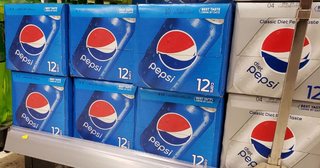 display of Pepsi 12-packs on a shelf at a store