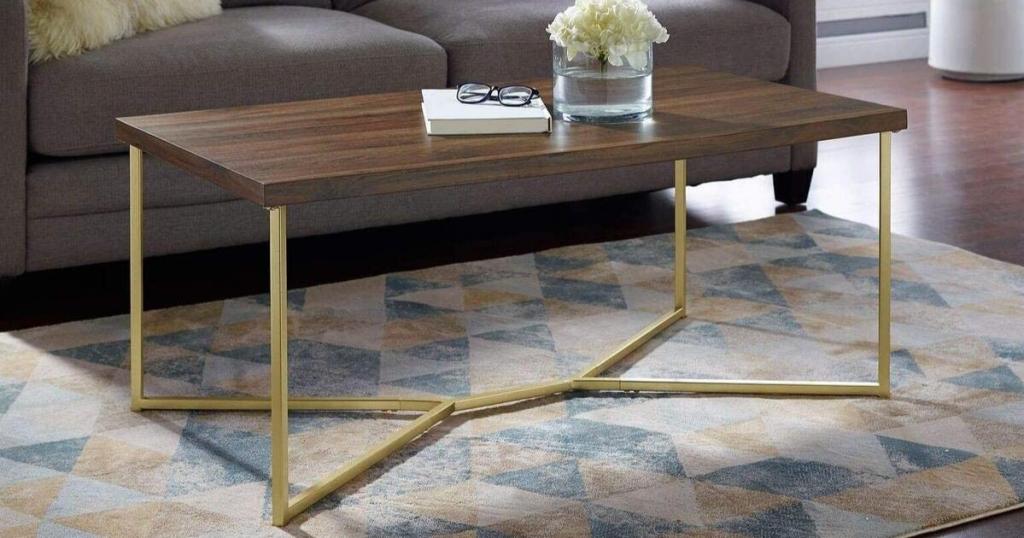 Walker Edison Mid-Century Modern Gold and Wood Rectangular Coffee Table