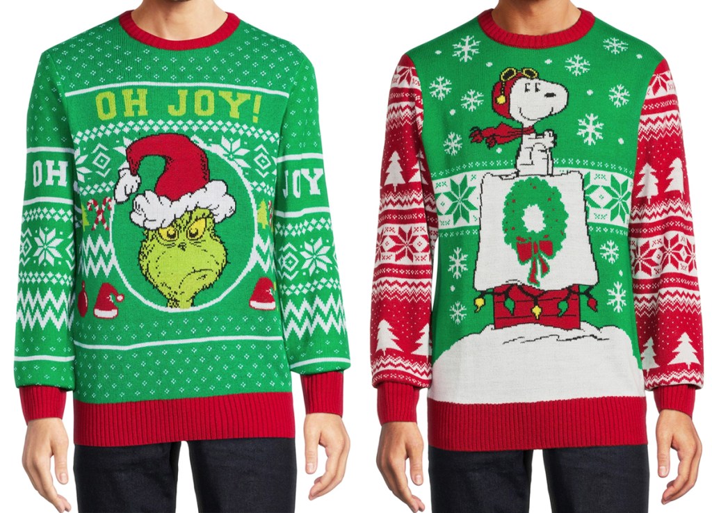 grinch and peanuts ugly christmas sweaters