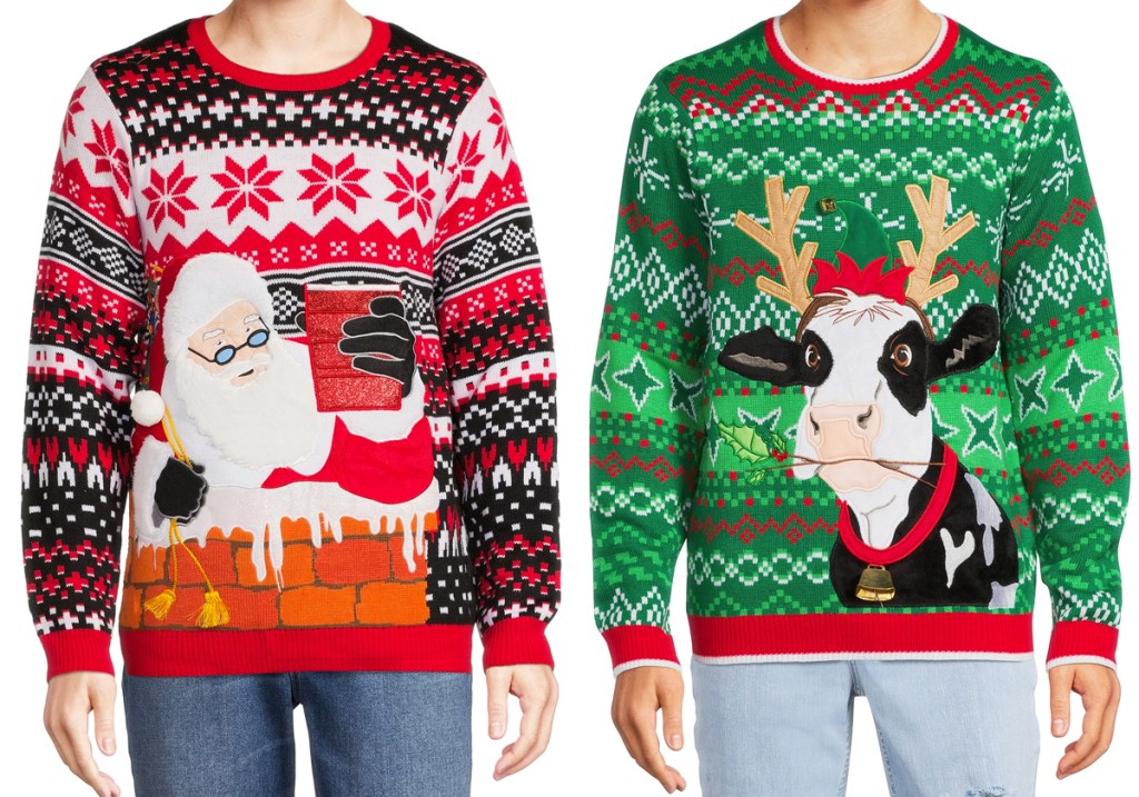 santa and cow ugly christmas sweaters
