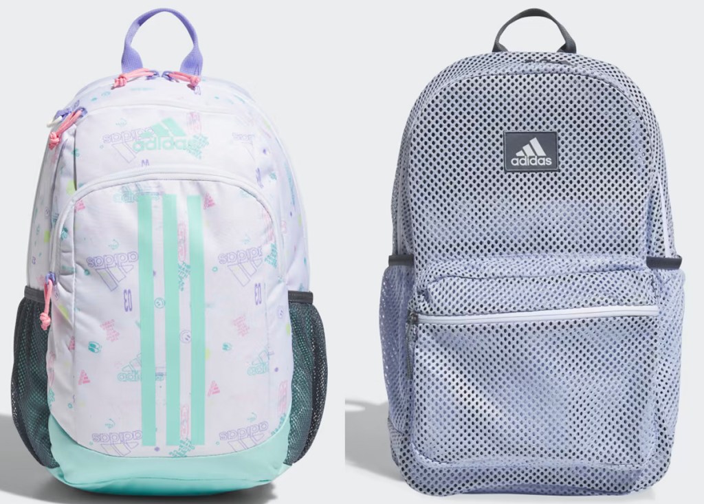 adidas purple backpack and mesh gray backpack