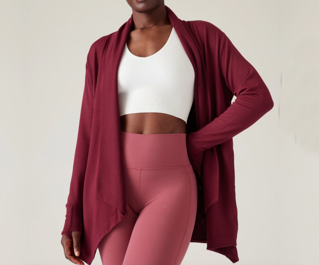 woman wearing cranberry red wrap