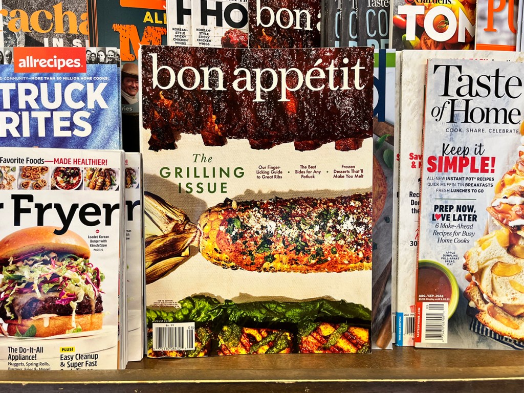 bon appetit magazine on shelf with other magazines