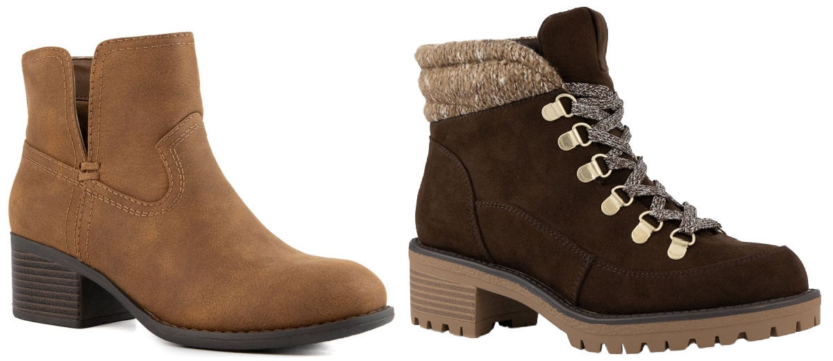 two side by side stock images of belk booties with a heel