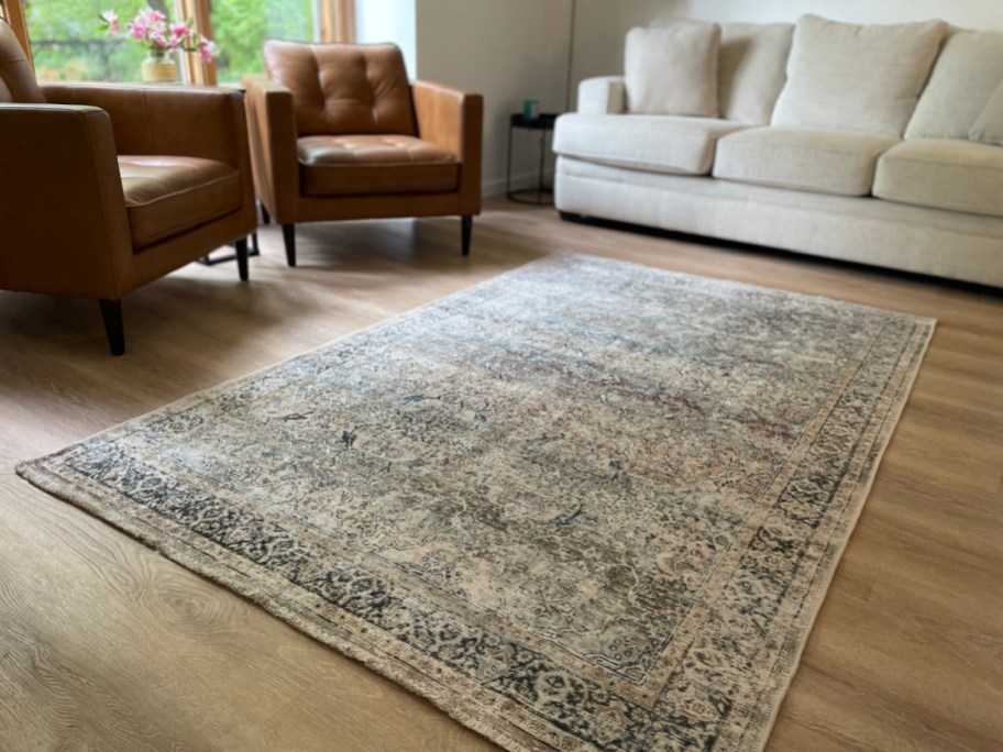 farmhouse and moroccan style rug in living room 