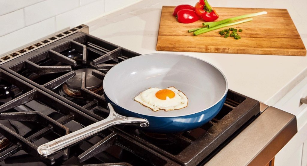 blue fry pan on stove