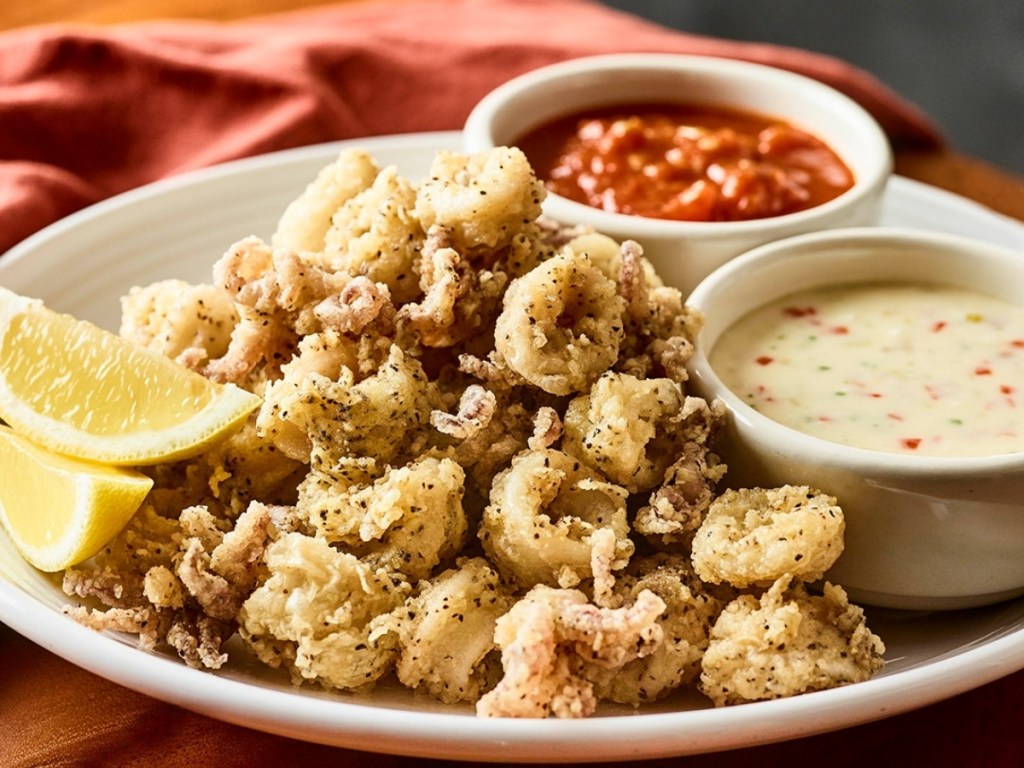 calamari on a plate with two types of sauce