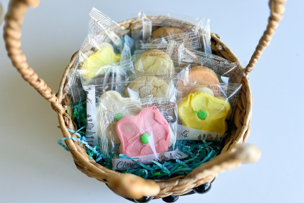 wrapped cookies in Easter basket