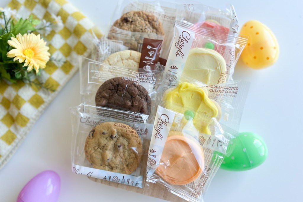 cookies in wrappers next to easter eggs