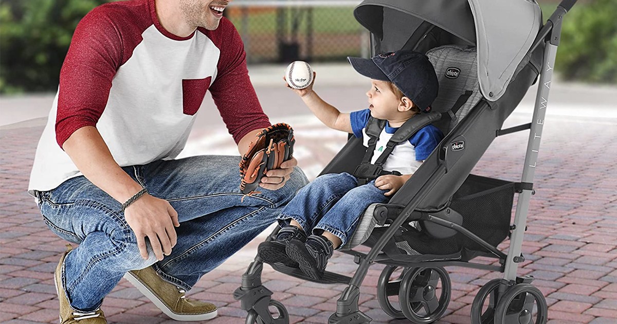 kid in chicco stroller with dad