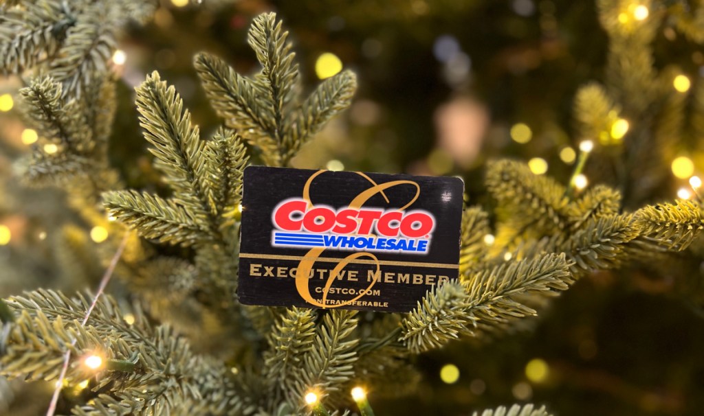 costco membership card displayed on a christmas tree