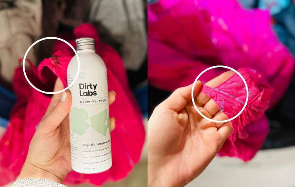 before and after of dirty labs cleaning stain on pink dress