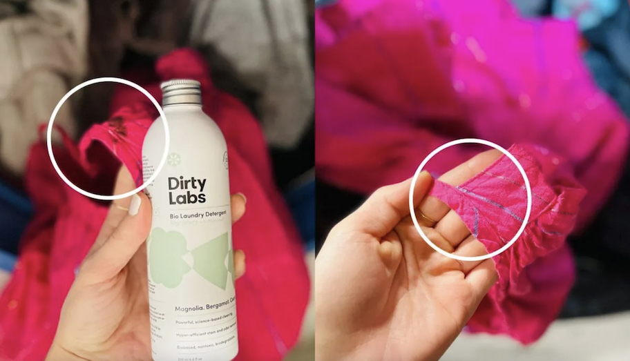 before and after of pink dress with dirty labs detergent