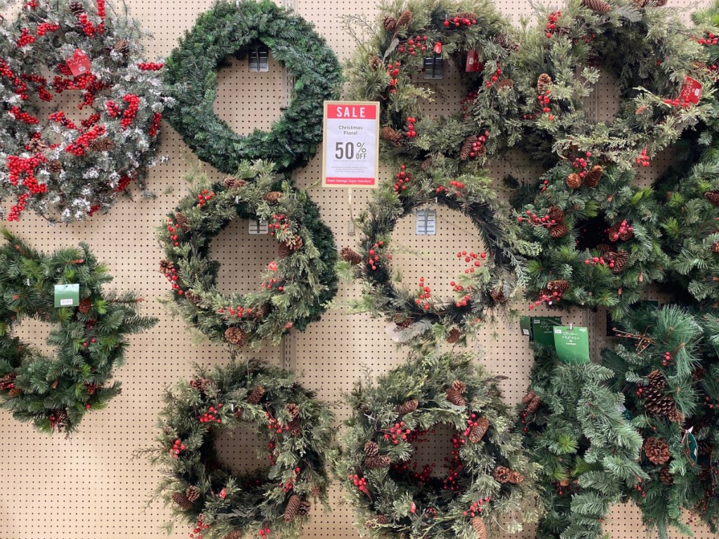 display of hobby lobby wreaths in different colors and designs