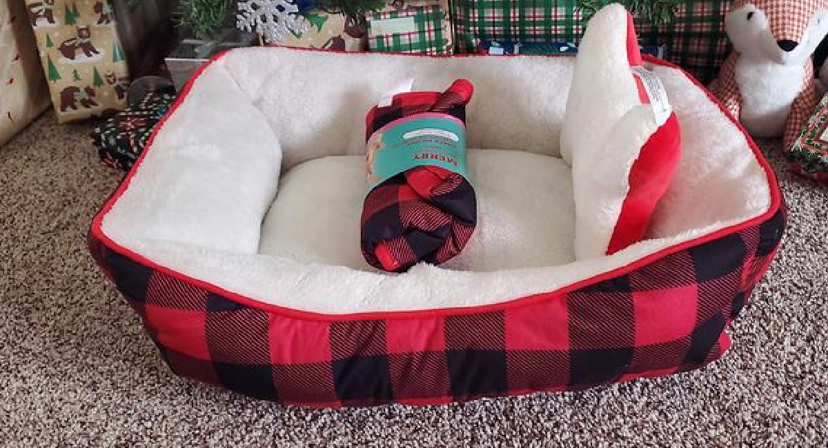 petco dog bed gift set in holiday print