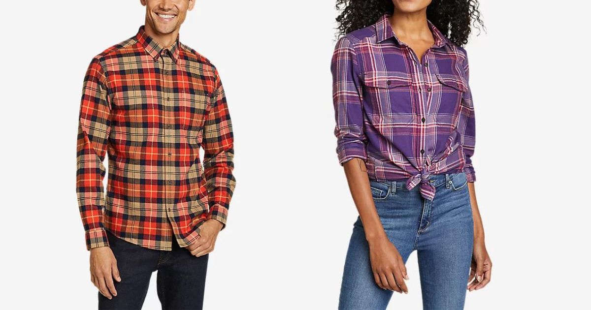 man and woman wearing flannel shirts